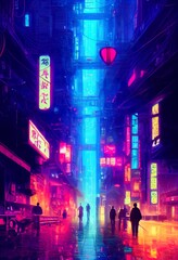 Cyberpunk neon city night. Futuristic city scene in a style of pixel art. Backdrop. Wallpaper. Retro future 3D illustration. Urban scene.