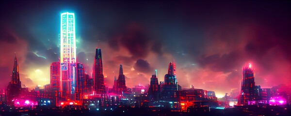 Cyberpunk neon city night. Futuristic city scene in a style of pixel art. Backdrop. Wallpaper. Retro future 3D illustration. Urban scene.