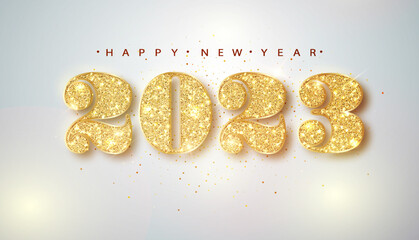 New year banner. 2023 gold glitter numbers with falling confetti ribbons. Banner for Christmas and winter holiday headers, party flyers