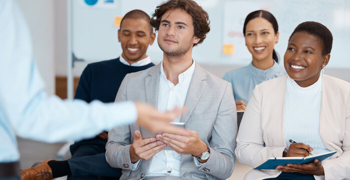 Audience, listening and training with a team in a meeting, seminar or workshop for learning and development. Teamwork, coaching and growth with a crowd sitting in a boardroom for strategy or upskill