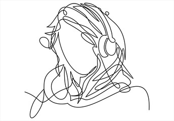 continuous single drawn one line. girl woman listens to music with headphones
