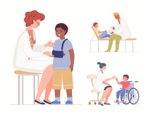 Children with injuries on examination by doctor Pediatrician psychologically supports boy in wheelchair. Surgeon applies bandage to child's injured arm Traumatology examines child's broken leg Vector