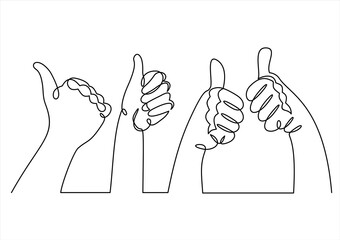 Single line drawing of thumbs up. Business group continuous line draw vector illustration