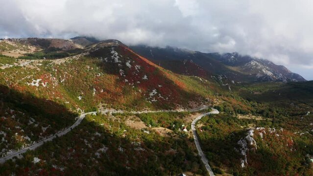 Aerial View of Croatian mountain road in the Velebit mountain range in autumn
