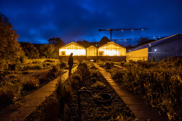 Copenhagen, Denmark  A man stands at a greenhouse at night.