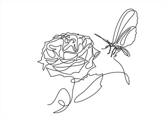 Nature spring flower with butterfly. illustration.Continuous one line 