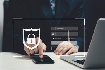 Protection personal data against hackers. Security internet access of personal data.identification information security and encryption.man typing login and password on virtual screen.