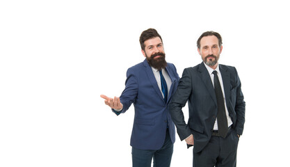 Well groomed business men. Partnership teamwork. Passionate about their project. Business team. Men successful entrepreneurs white background. Business people concept. Men bearded wear formal suits