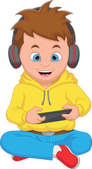 Cute boy sitting playing mobile game cartoon
