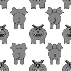Seamless pattern with rhinoceros and elephant on white background. Summer picture with exotic animal. Print for wallpaper for children room.