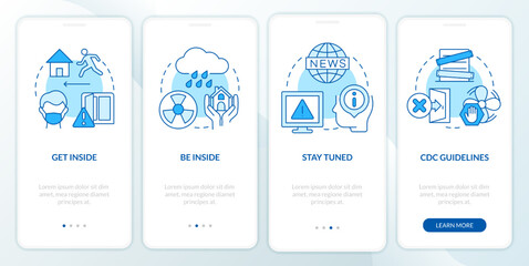Survive during nuclear explosion blue onboarding mobile app screen. Walkthrough 4 steps editable graphic instructions with linear concepts. UI, UX, GUI template. Myriad Pro-Bold, Regular fonts used
