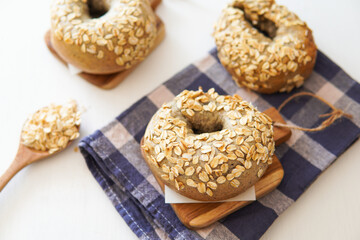 Healthy Organic Whole Grain Bagel on wood table.