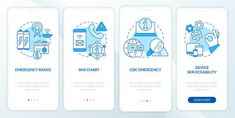 Ways to stay tuned blue onboarding mobile app screen. Nuclear disaster walkthrough 5 steps editable graphic instructions with linear concepts. UI, UX, GUI template. Myriad Pro-Bold, Regular fonts used