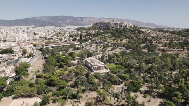 Aerial view of Ancient Agora of Athens, landscape and cityscape of Athens, orbiting shot