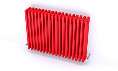 red heater on white wall.