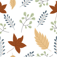 Fototapeta premium Autumn seamless pattern with leaves and plants. Raster version