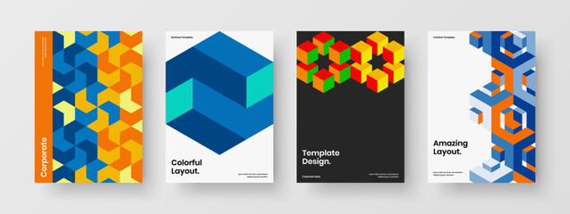 Clean pamphlet vector design template collection. Amazing geometric hexagons corporate brochure illustration bundle.