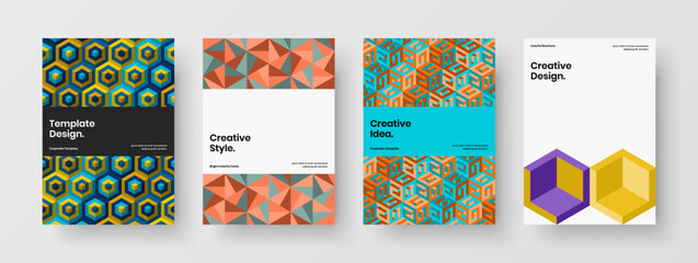 Naklejka premium Clean geometric hexagons company brochure illustration set. Premium presentation vector design template collection.