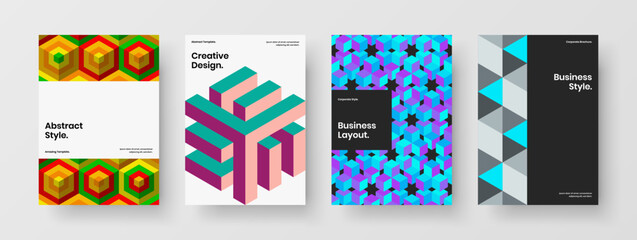 Unique geometric pattern journal cover concept composition. Multicolored presentation A4 vector design layout collection.