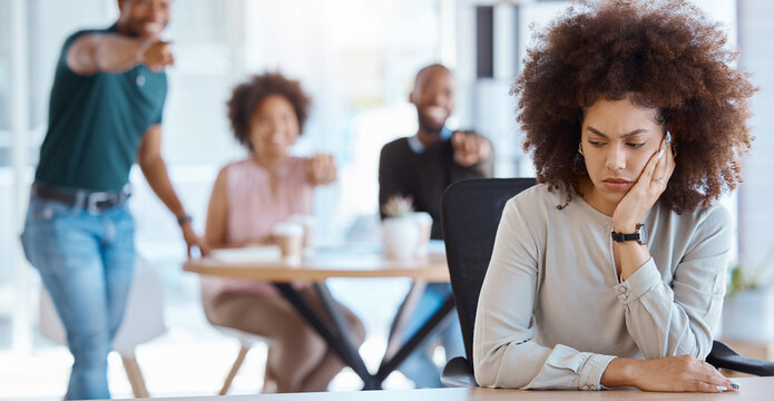 Workplace, Gossip And Bullying Business People For Human Resources, Mental Health Or Office Compliance. Corporate Staff Whisper Of Black Woman With Management Problem, Hr Policy And Depression Risk