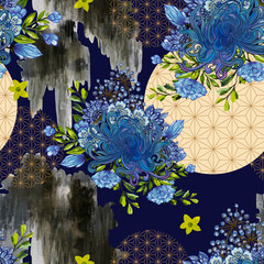 Japanese chrysanthemum blue color and Wild Blossom with Rock Seamless Pattern stock illustration