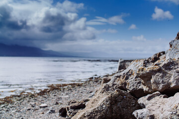 Coastline view from the tide pools on a cloudy day in Laguna Beach. Vacation destinations for fun and relaxation. High quality photo