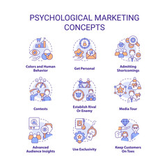 Psychological marketing tactics concept icons set. Interaction with consumers idea thin line color illustrations. Isolated symbols. Editable stroke. Roboto-Medium, Myriad Pro-Bold fonts used