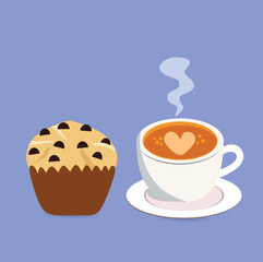 A cup coffee and muffin cake for breakfast illustration