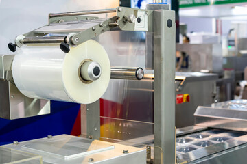 close up transparent plastic film sheet set on roller drive of automatic wrapping or filling packing machine for food or other goods