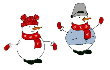 Set of Snowman with hat and scarf isolated on white background. Hand drawing illustration