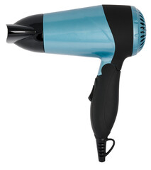 blue hair dryer with black accents side view