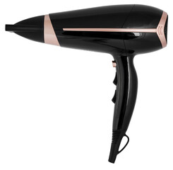 black hair dryer side view. professional hairdryer for beauty salons - obrazy, fototapety, plakaty