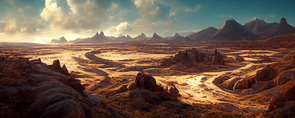 Außerirdischer Planet. Futuristische Fantasielandschaft, Science-Fiction-Landschaft mit Planeten, kalter Planet. 3D-Darstellung. Ideal für den Einsatz in Ihren kreativen Projekten.