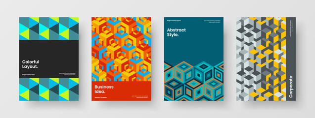 Amazing banner A4 design vector template set. Trendy geometric hexagons leaflet layout bundle.