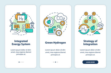 Renewable hydrogen onboarding mobile app screen. Clean energy walkthrough 3 steps editable graphic instructions with linear concepts. UI, UX, GUI template. Myriad Pro-Bold, Regular fonts used