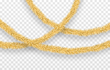 Vector Christmas tinsel. Gold tinsel png, gold garland, decor element. Christmas, holiday.