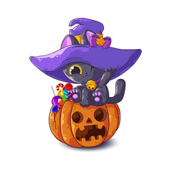 Cartoon cute kitten in a witch hat sits on a pumpkin filled with candy. Halloween vector illustration suitable for gift card, home decor and textile.