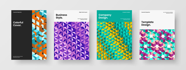 Bright corporate cover design vector concept bundle. Simple geometric pattern flyer template set.