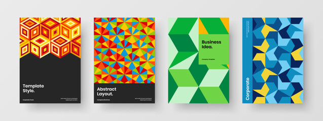 Fototapeta premium Modern flyer design vector concept composition. Multicolored geometric hexagons catalog cover template bundle.