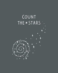 Fototapeta premium Hand drawn space poster with lettering and spiral galaxy