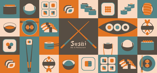 Sushi, Japanese food geometric banner for sushi bar, restaurant e t.c.