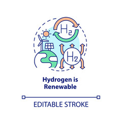 Naklejka na ściany i meble Hydrogen concept icon. Renewable energy. Clean source. Advantage of h2 abstract idea thin line illustration. Isolated outline drawing. Editable stroke. Arial, Myriad Pro-Bold fonts used