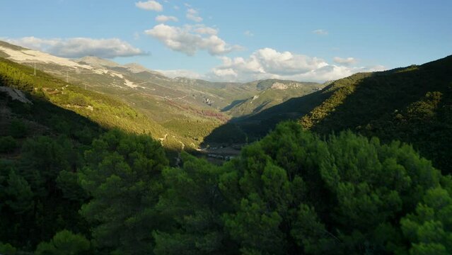 Aerial View of Albanian mountain valley in Qark Berat during sunset