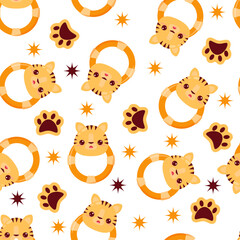Seamless pattern with animals on a white background. A pattern with a baby rattle in the form of a tiger. Kawaii animals