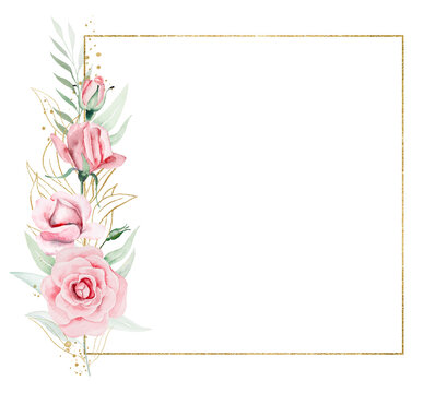Frame made of pink watercolor flowers and green leaves, wedding and greeting illustration