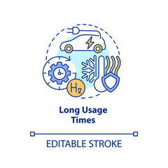 Long usage times concept icon. Carbon free economy. Hydrogen fuel cells advantage abstract idea thin line illustration. Isolated outline drawing. Editable stroke. Arial, Myriad Pro-Bold fonts used
