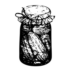Hand drawn glass jar. Bank of pickles, doodle cucumber vector