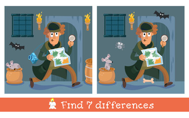 Educational game, puzzle for children. Find 7 differences. Detective with magnifying glass and map on street of old town. Vector illustration.