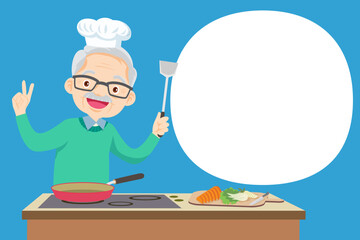 elderly man chef present cooking in the kitchen