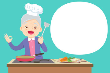 elderly woman chef present cooking in the kitchen